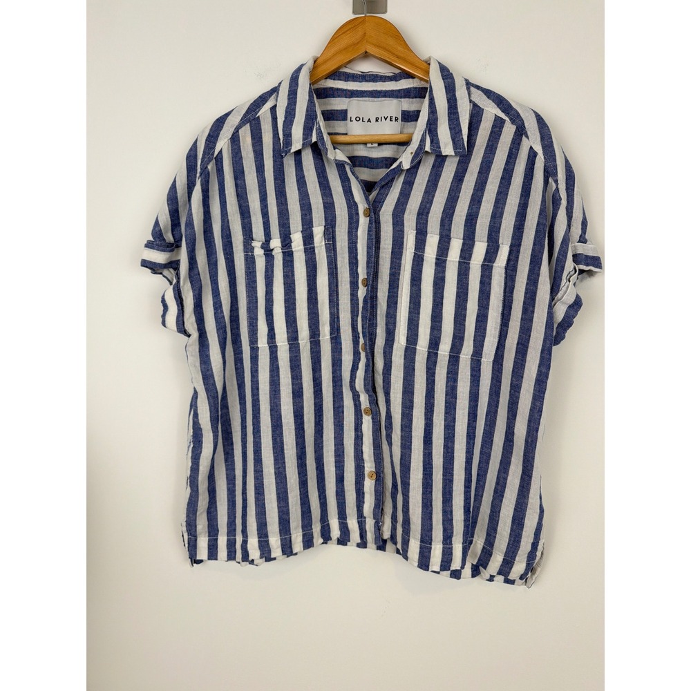Lola River Linen Button Down Shirt Womens L Blue White Stripe Coastal Airy